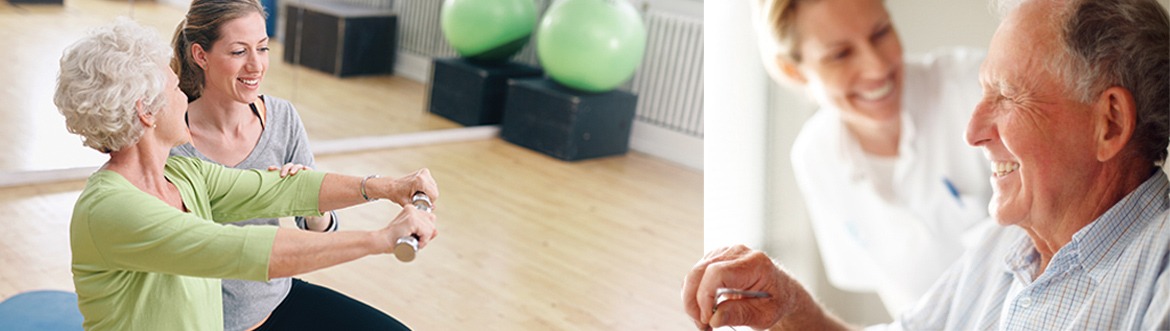 Woman assisting residents lift weights and stretch